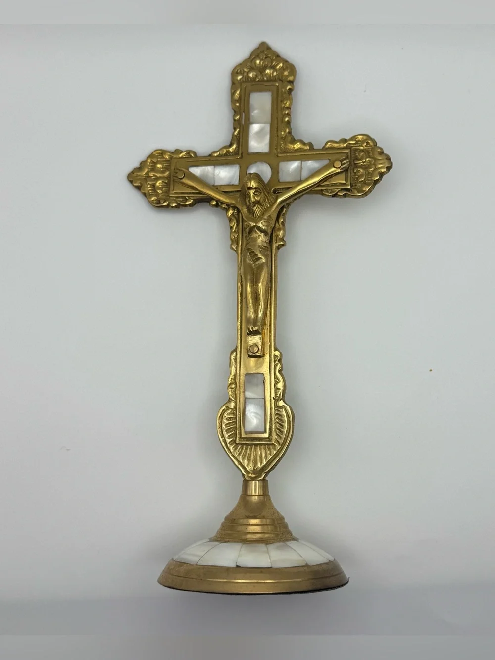 Vintage Mother of Pearl Inlay Standing Crucifix Gold Tone Altar Cross Jesus